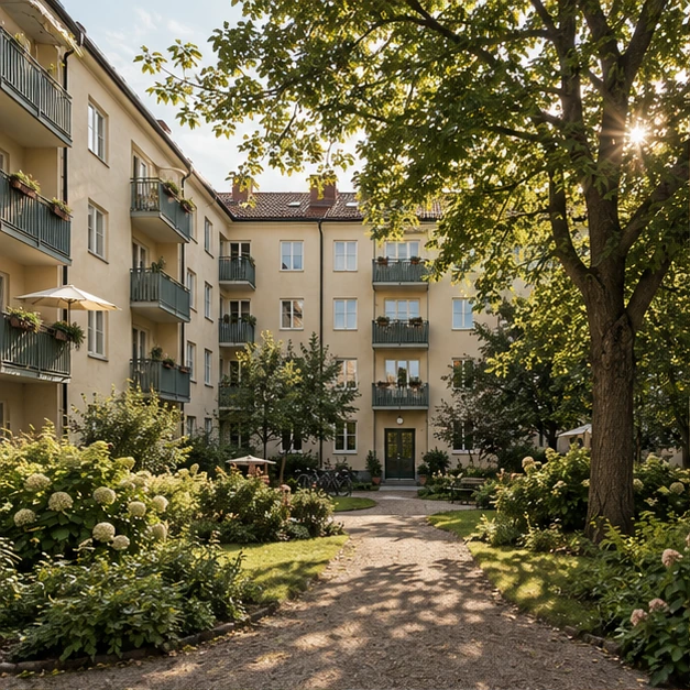 AI-genererad illustrationsbild av ett grönt bostadskvarter med varma fasader och en välskött gård.